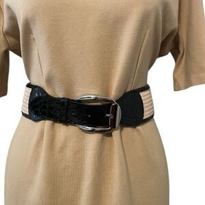 WHITE HOUSE BLACK MARKET wide belt black/tan, raffia/patent, M EUC